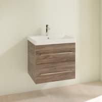 Jux Wall Hung 2 Drawer Basin Unit & White Basin 615mm - Matt Cotton & Oak Effect