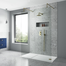 Nuie 1400mm Brushed Brass Wetroom Screen With Support Bar and Profile Kit