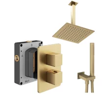 Abacus Shower Pack 4 Brushed Brass Square Fixed Shower Head, Shower Valve and Riser Kit