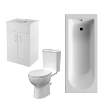 nuie Bathroom Suite with Single Ended Round Back Bath, Basin Vanity Unit and Toilet