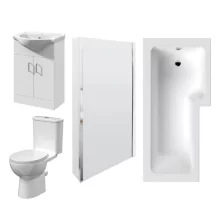 nuie Bathroom Suite with Right Hand Shower Bath, 550 Basin Vanity Unit and Toilet