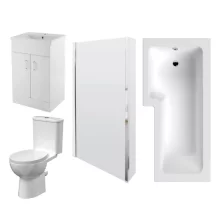 nuie Bathroom Suite with Left Hand Shower Bath, Basin Vanity Unit and Toilet