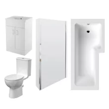 nuie Bathroom Suite with Right Hand Shower Bath, Basin Vanity Unit and Toilet