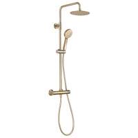 Dual Head Thermostatic Shower in Brushed Brass with Bar Mixer Valve, Overhead Rain Shower and Riser Kit with Handset