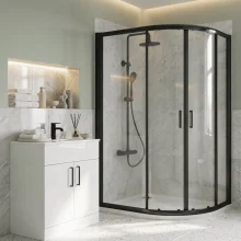 Nuie Rene Matt Black 900mm Quadrant Shower Enclosure, Round Bar Valve, Tray & Waste