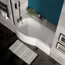 Nuie 1700 x 850mm P Shaped Left Hand Shower Bath, Bath Screen, Side Panel and Leg Set