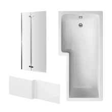 Nuie 1700mm L Shaped Shower Bath Left Hand, Chrome Glass Screen and Panel