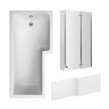 Nuie 1700mm L Shaped Right Hand Shower Bath, Hinged Glass Screen and Panel