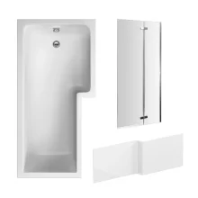 Nuie 1700mm L Shaped Shower Bath Right Hand, Chrome Hinged Glass Screen and Panel