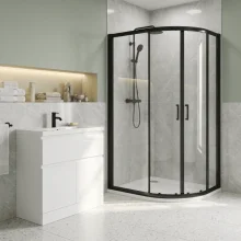 Nuie Rene Matt Black 1000 x 800mm Right Hand Offset Quadrant Enclosure, Tray, Square Shower Valve & Waste