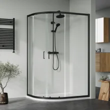 Nuie Rene Matt Black 1200 x 800mm Left Hand Offset Quadrant Enclosure, Tray, Thermostatic Shower Valve