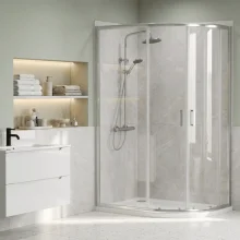 Nuie Rene Chrome 1200 x 800mm Right Hand Offset Quadrant Enclosure, Tray, Thermostatic Shower & Waste
