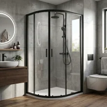 Nuie Rene Matt Black 1200 x 800mm Right Hand Offset Quadrant Enclosure, Tray, Thermostatic Shower Valve
