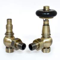 DQ Stanley TRV Angled with Black Heads in Antique Brass Radiator Valves