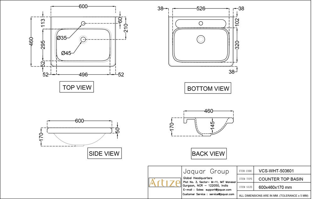 Artize VIC White 600x460mm Rectangular Counter Top Basin