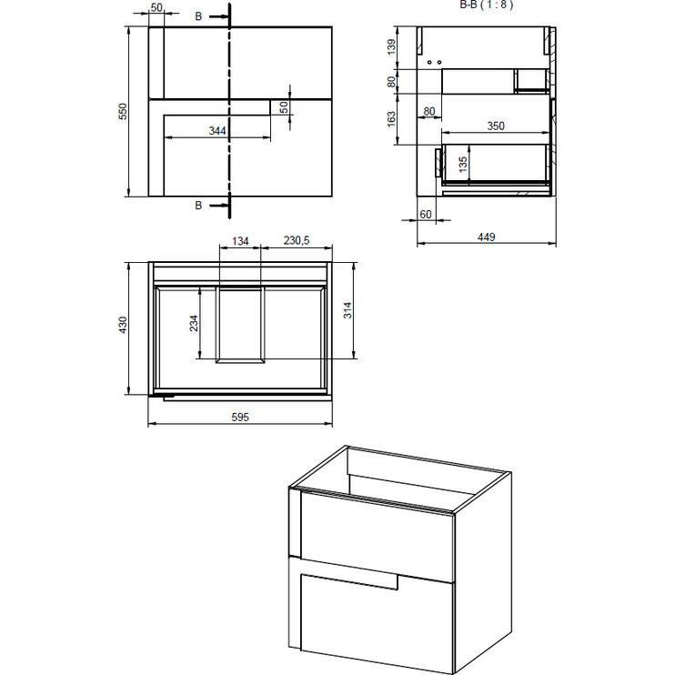 Jux 615mm Wall Hung 2 Drawer Basin Unit & White Basin Matt Black & Glass