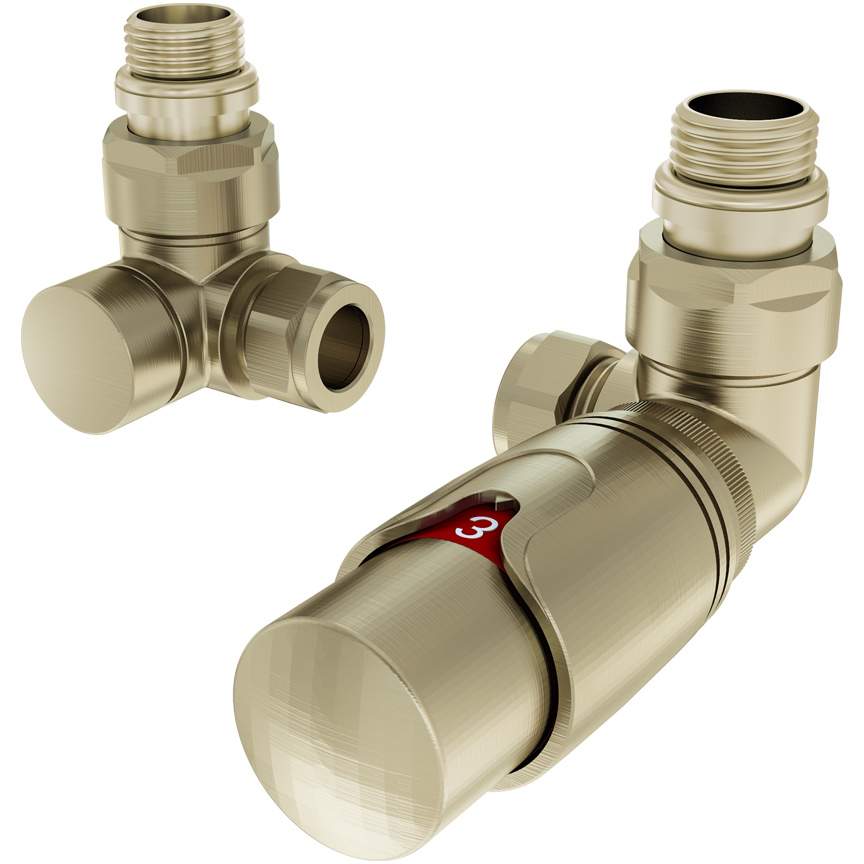 Eastbrook Corner Brushed Brass Thermostatic Radiator Valves TRV Inc Lockshield