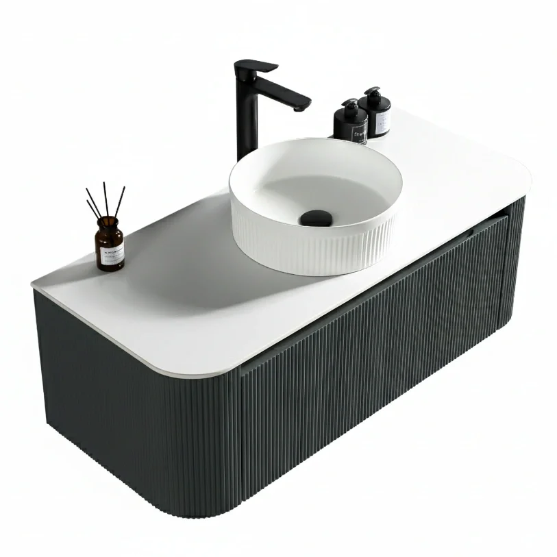 Flauto Smoked Sage Fluted 1070mm Wall Hung Vanity Basin Unit With Countertop