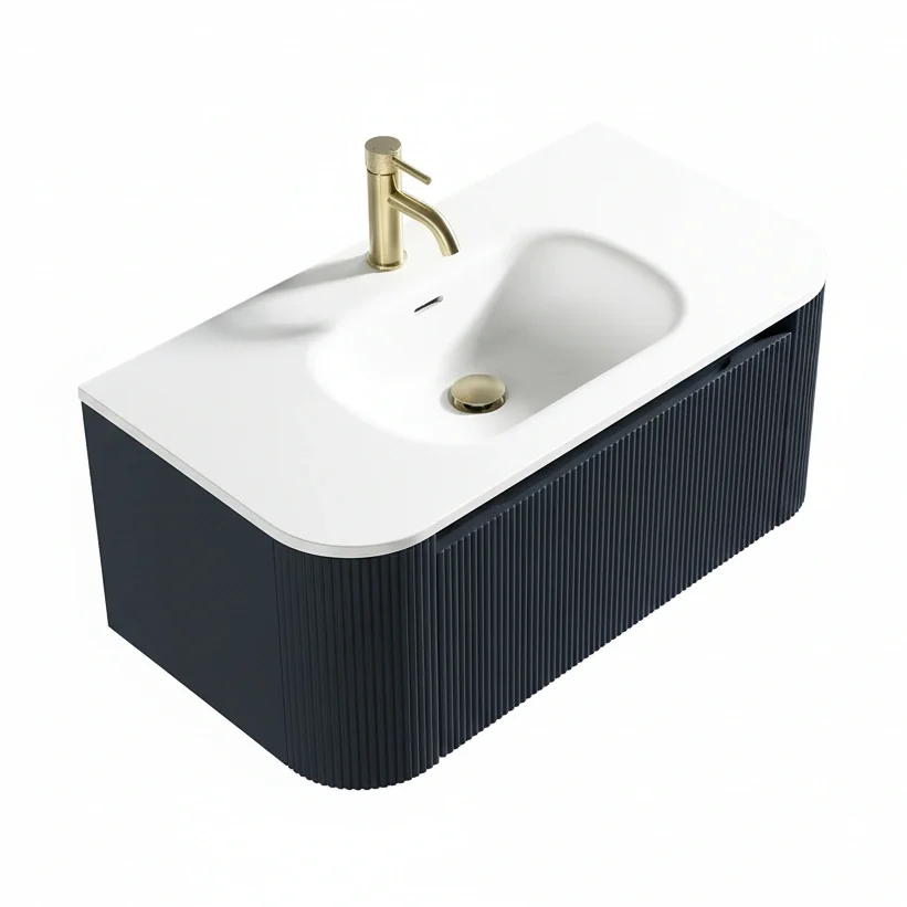 Flauto Curve Midnight Shadow 870mm Fluted Wall Hung Vanity Unit With Matte Basin