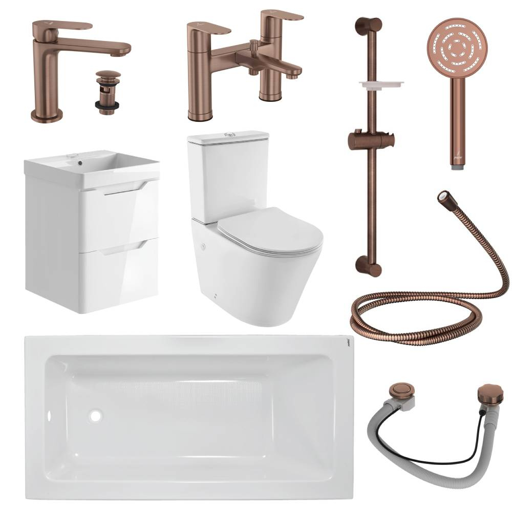 Jaquar Opal Prime Complete Bathroom Suite In Antique Copper With 1700MM Bath & Wall Hung Vanity Unit