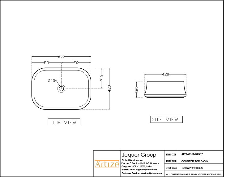 Artize Designer Rectangular Black Matt 600x420mm Counter Top Basin