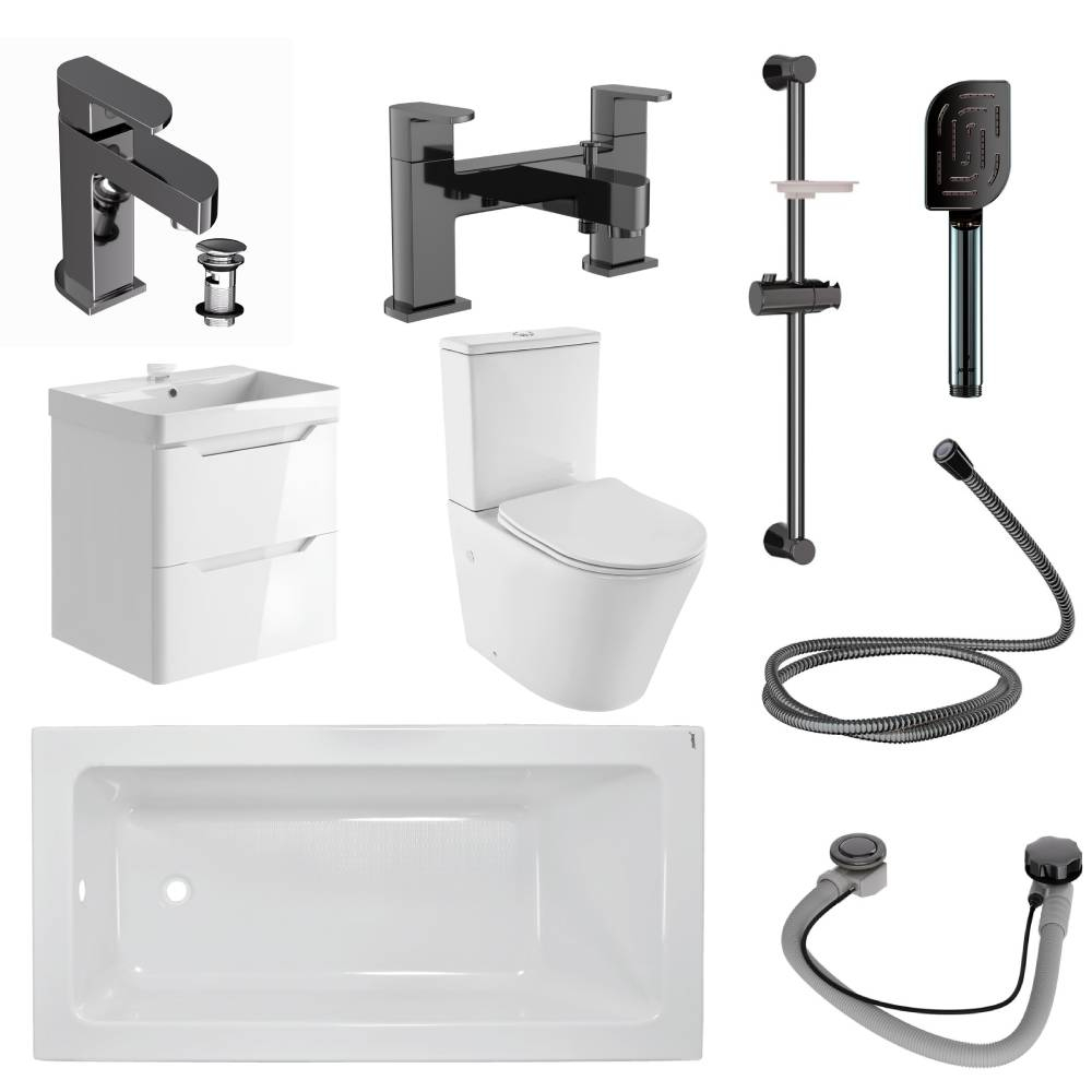 Jaquar Alive Complete Bathroom Suite In Black Chrome 1700mm Bath & Gloss White Wall Hung Vanity Unit