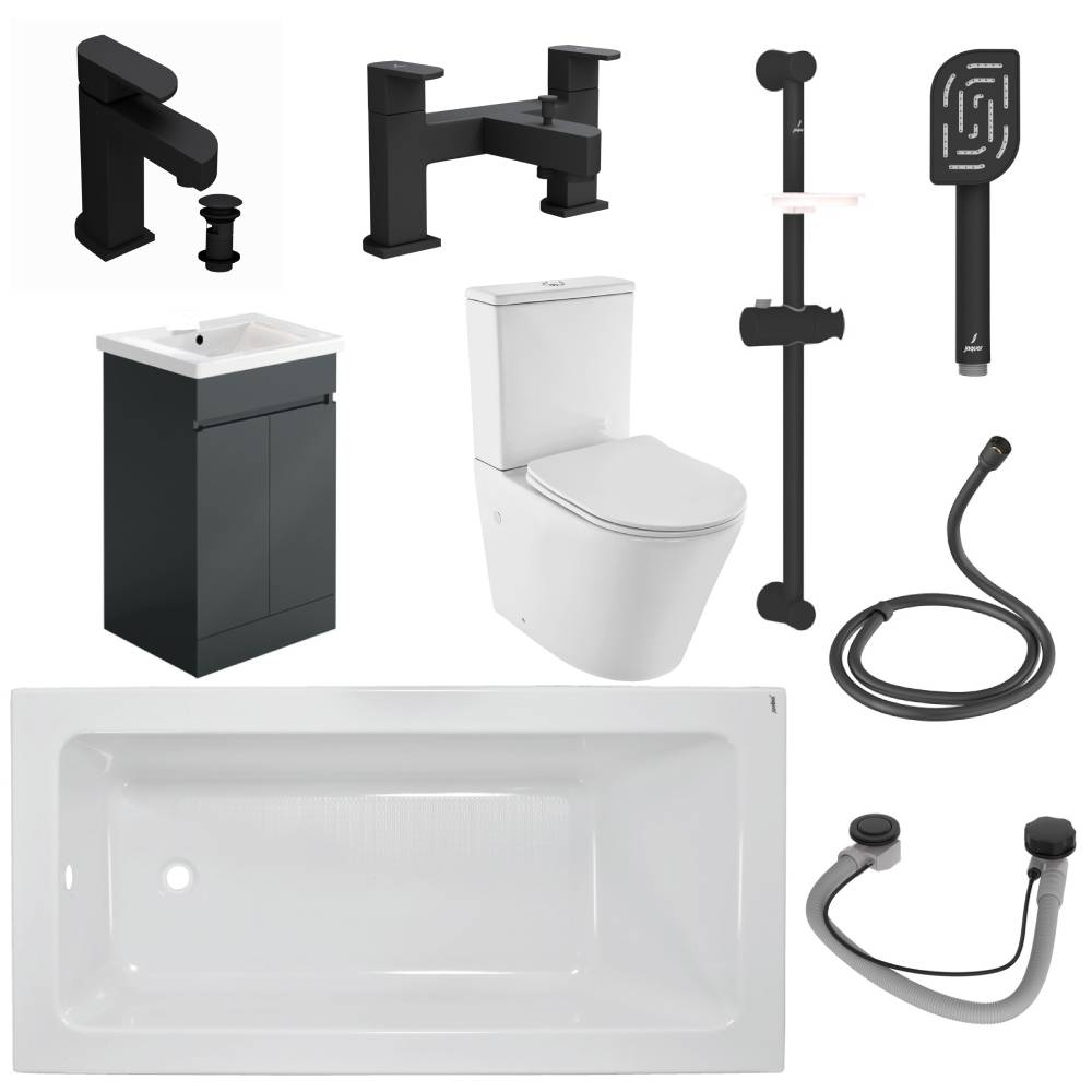 Jaquar Alive Complete Bathroom Suite In Matt Black including Matt Anthracite Vanity Unit & 1700mm Bath