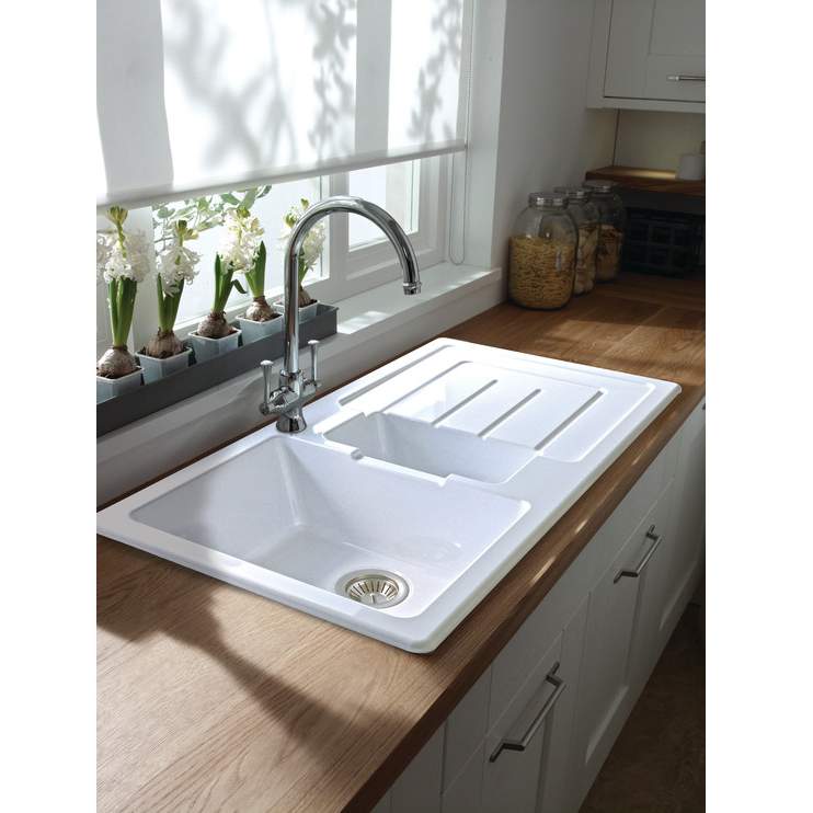 Abode Acton 1.5 Bowl & Drainer Ceramic Inset Kitchen Sink - White