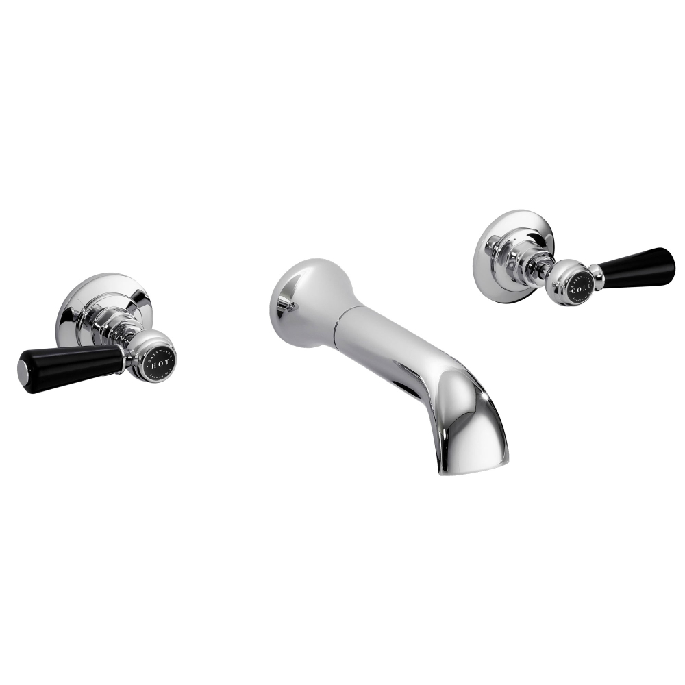 Bayswater Black And Chrome Wall Mounted Basin Mixer Hex Collar Lever Tap