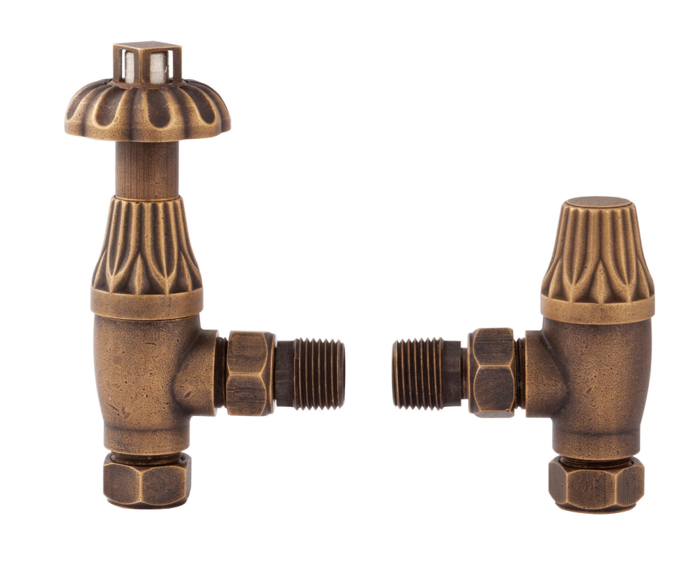Bayswater Antique Brass Trafitional Angled Thermostatic Radiator Valve with Lockshield Fluted