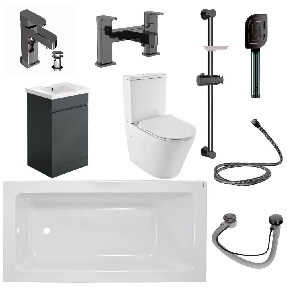Jaquar Alive Complete Bathroom Suite In Black Chrome 1700mm Bath & Matt Anthracite Vanity Unit