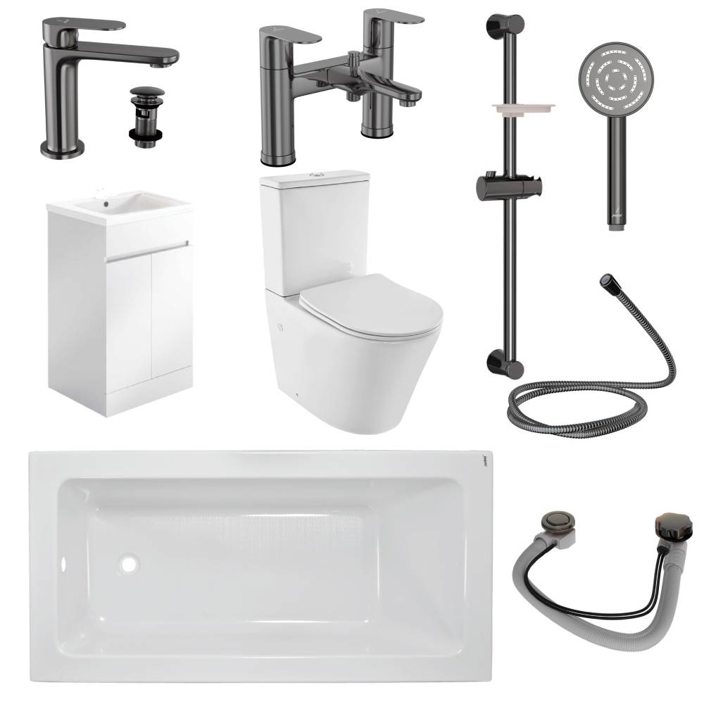 Jaquar Opal Prime Complete Bathroom Suite In Black Chrome 1700mm Bath & 500MM Gloss White Vanity Unit