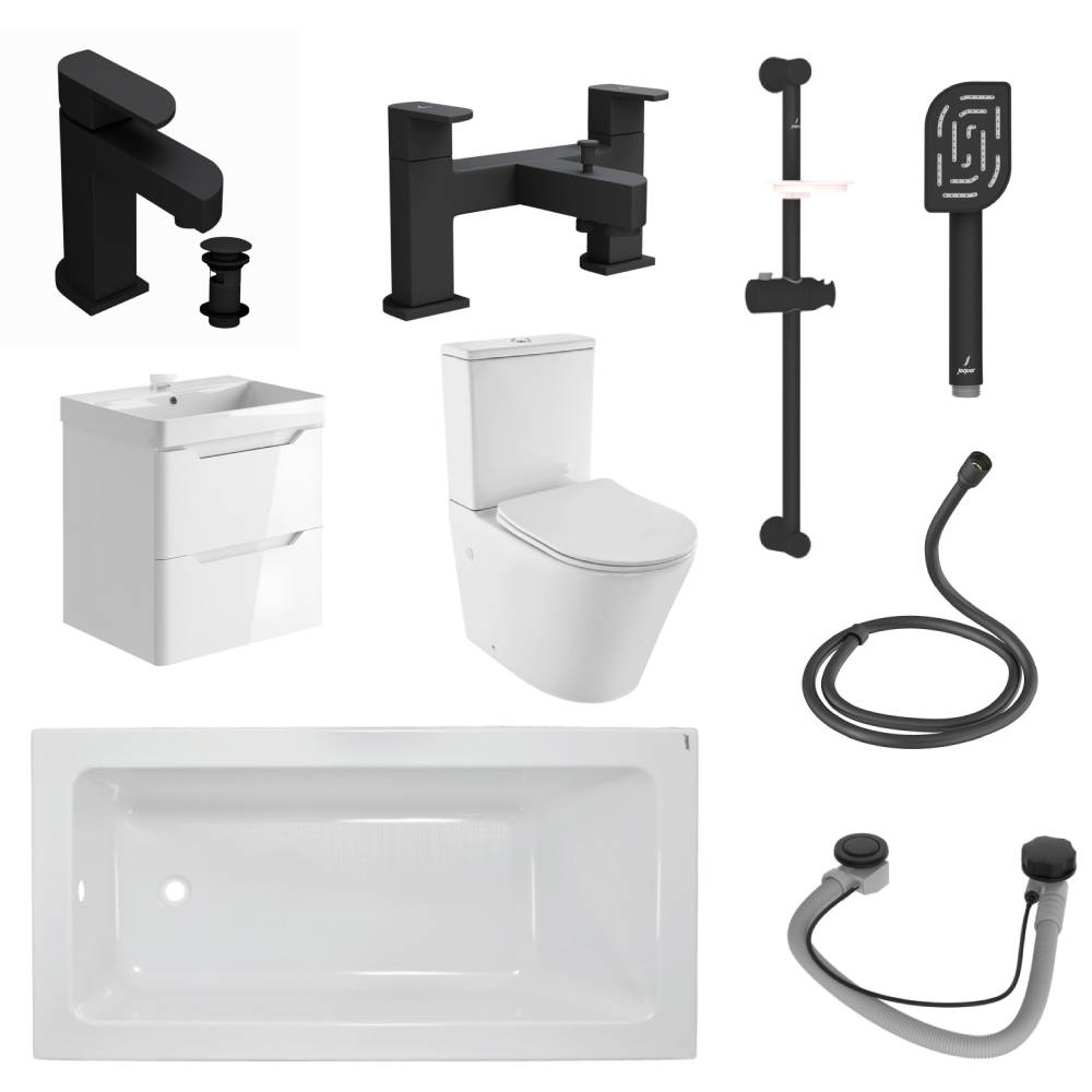 Jaquar Alive Complete Bathroom Suite In Black Matt 1700mm Bath & Gloss White Wall Hung Vanity Unit