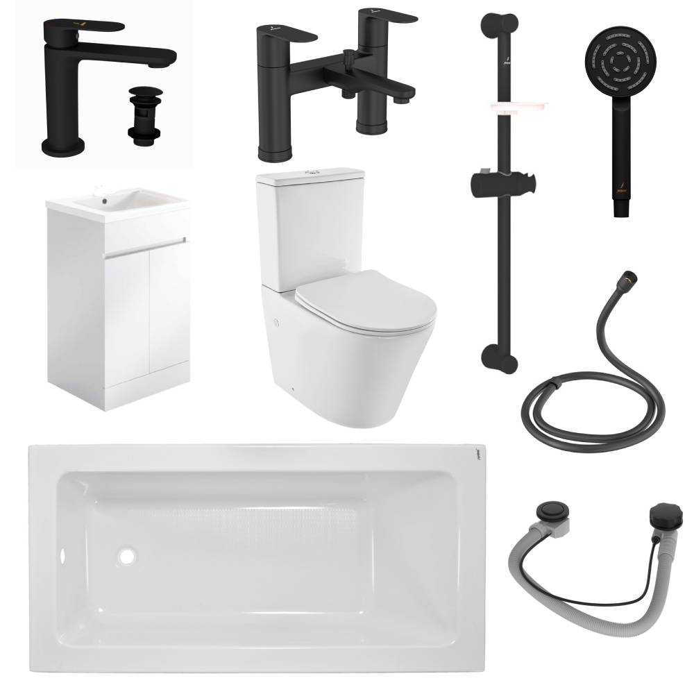 Jaquar Opal Prime Complete Bathroom Suite In Matt Black 1700mm Bath & 500MM White Gloss Vanity Unit