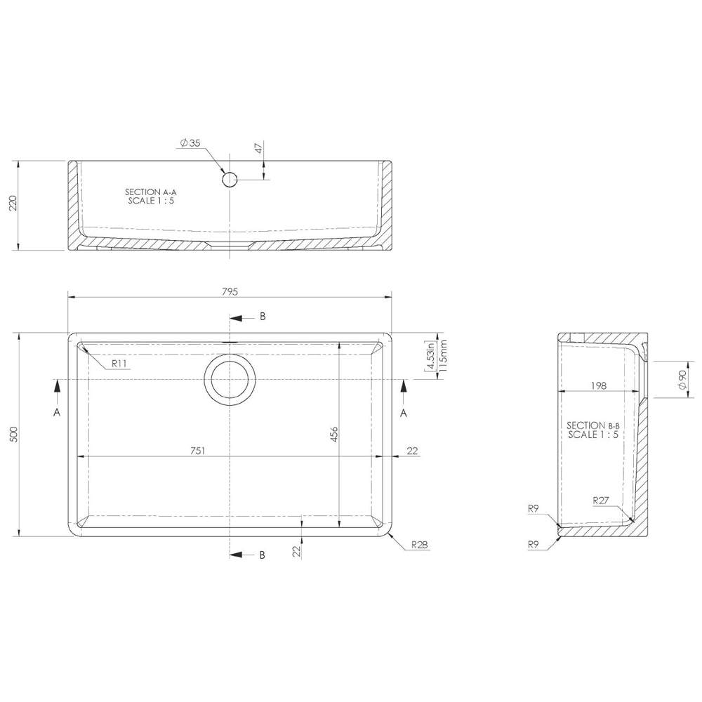 NUIE Butler Fireclay Sink 795 x 500 x 220mm With Overflow