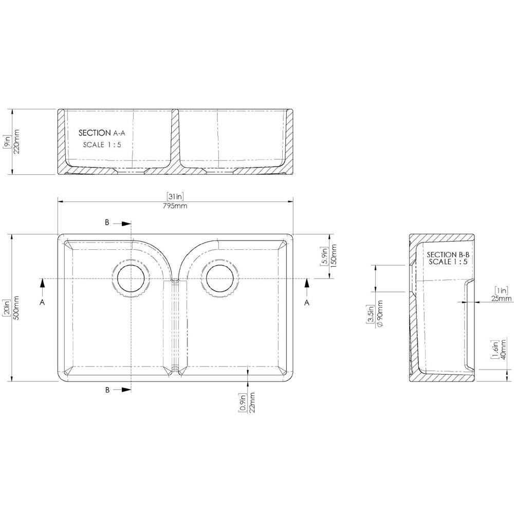 NUIE Butler Fireclay Sink with Stepped Weir 795 x 500 x 220mm
