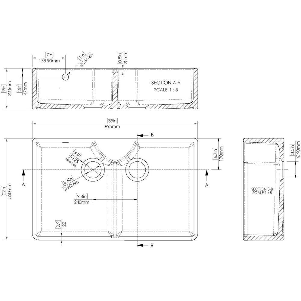NUIE Butler Fireclay Sink with Stepped Weir and Overflow 895 x 550 x 220mm