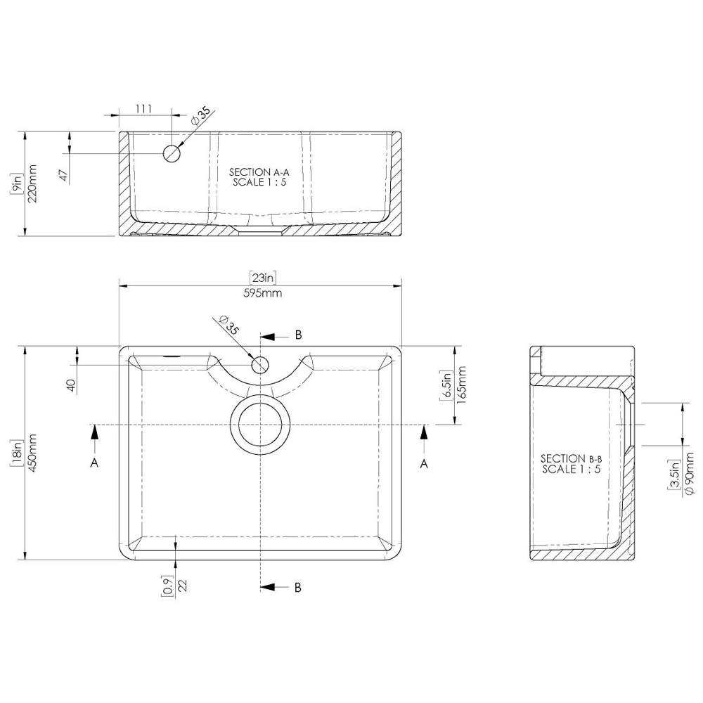 NUIE Butler Fireclay Sink with Central Waste, Overflow and Tap Hole 595 ...
