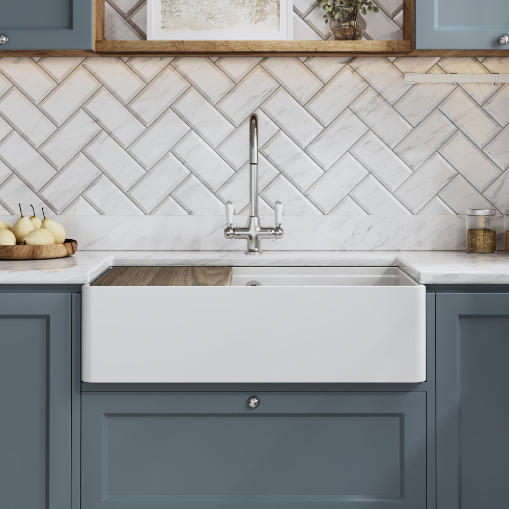 Nuie 795 x 460 x 220mm Butler Sink With Ledge, Grid & Chopping Board