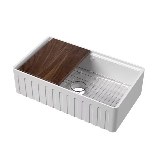 Nuie Fluted 795 x 460 x 220mm Butler Sink With Ledge, Wire Grid & Chopping Board