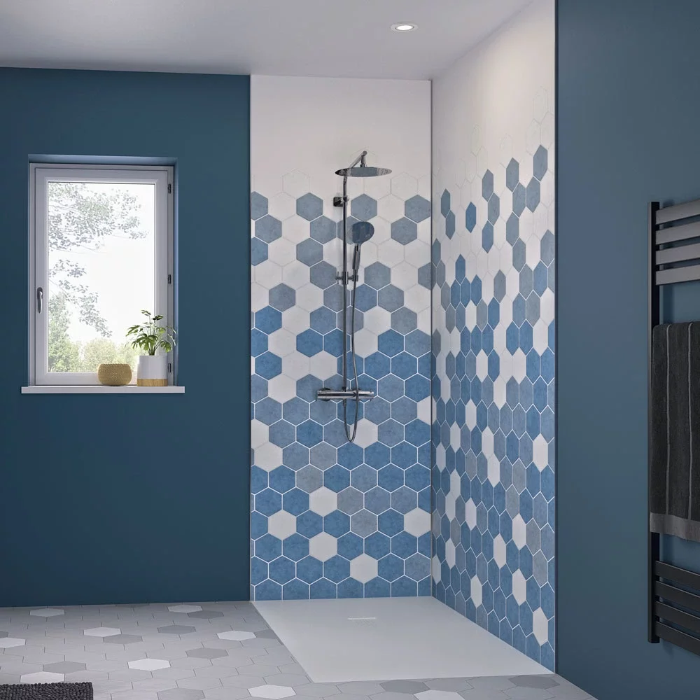 Kinewall Blue Monochrome Hexagon Shower Panel 1000 x 2500mm