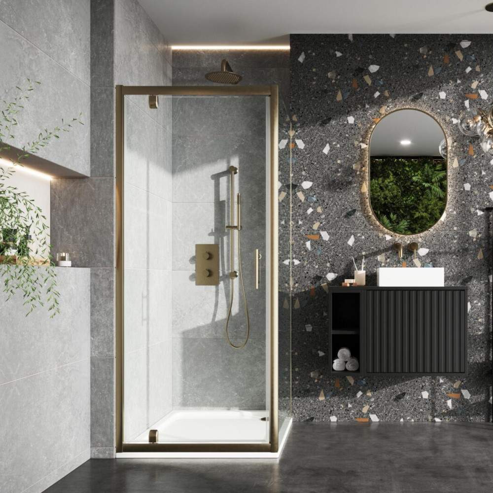 Scudo S6 900mm Brushed Brass Pivot Shower Door