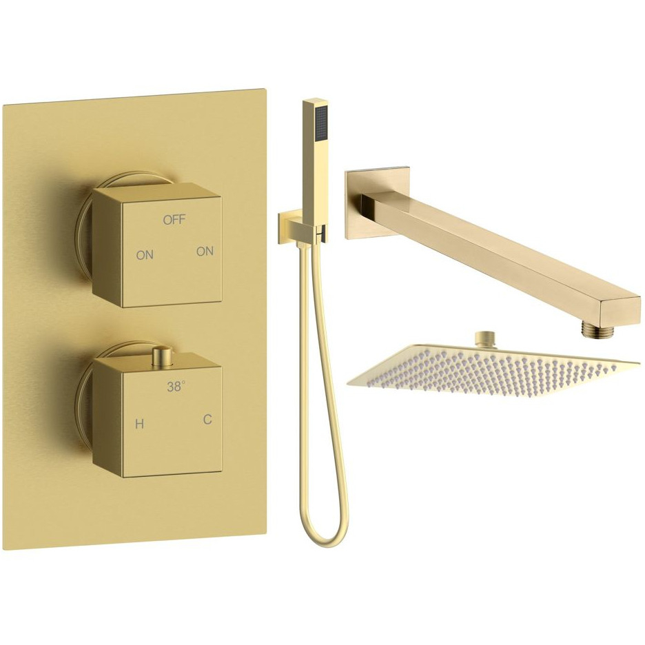 Challans Brushed Brass Dual Outlet Shower Valve with Rainfall Shower Head and Hand Set