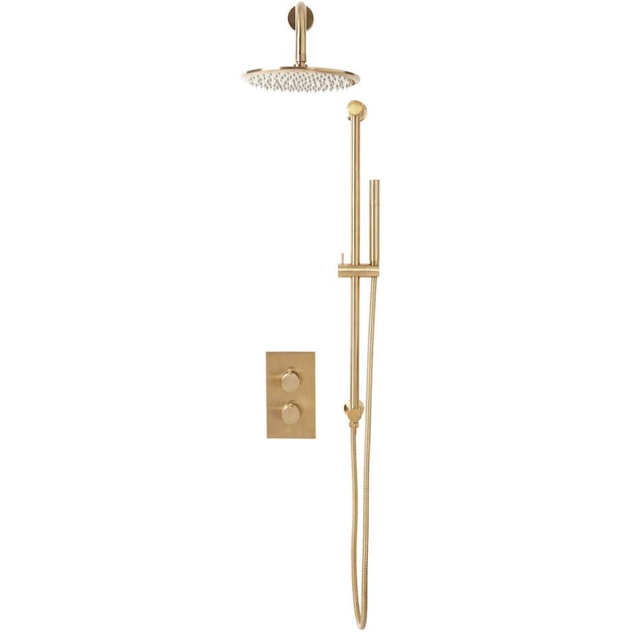 Scudo Core Brushed Brass Round Handle, Head & Handset Riser Shower Kit