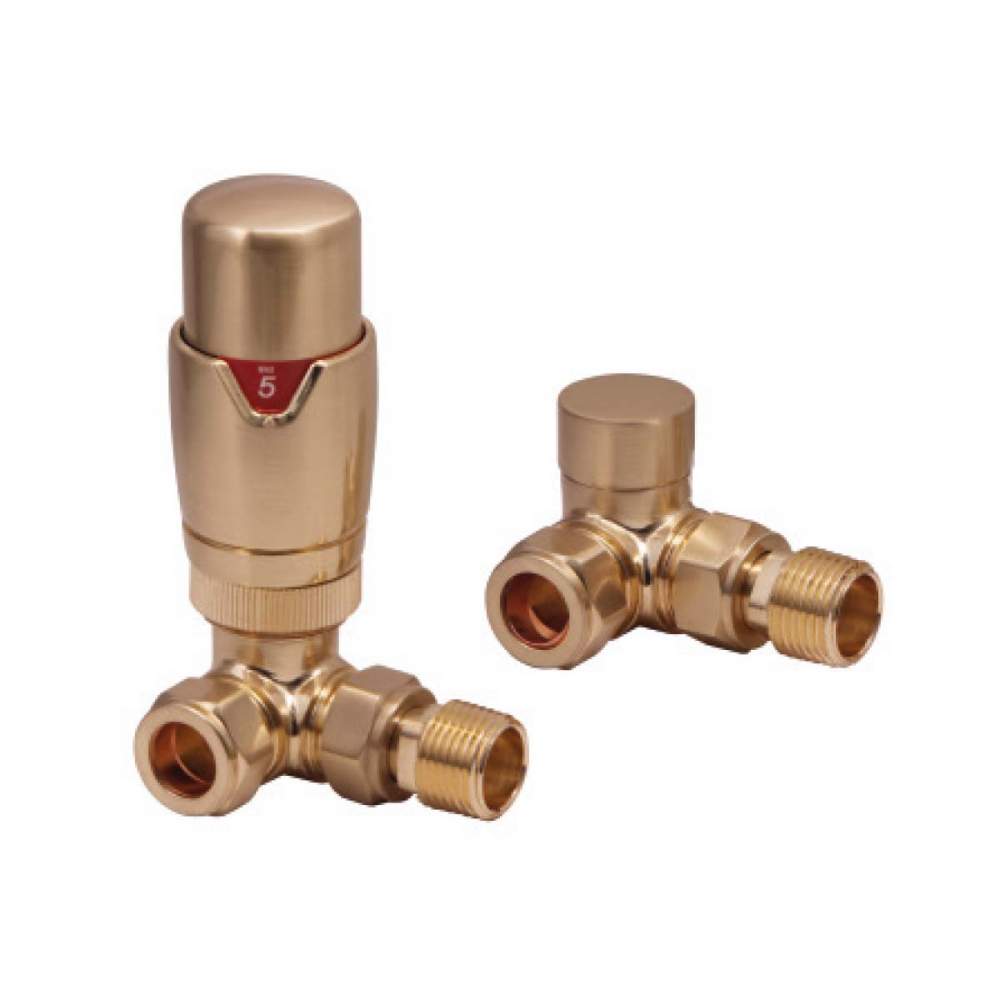 Scudo Brushed Brass Corner TRV Radiator Valves Twin Pack