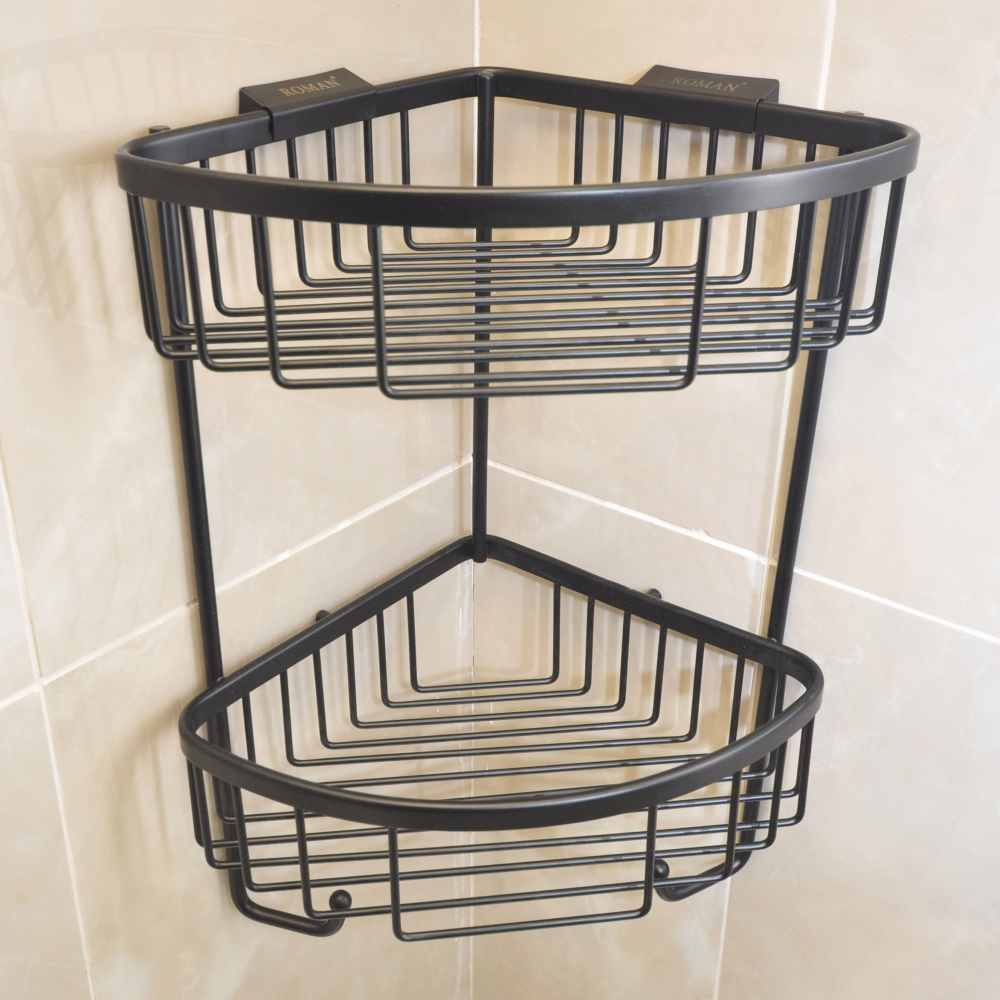 Roman Matt Black Double Corner Shower Basket with Hooks - RSB05B