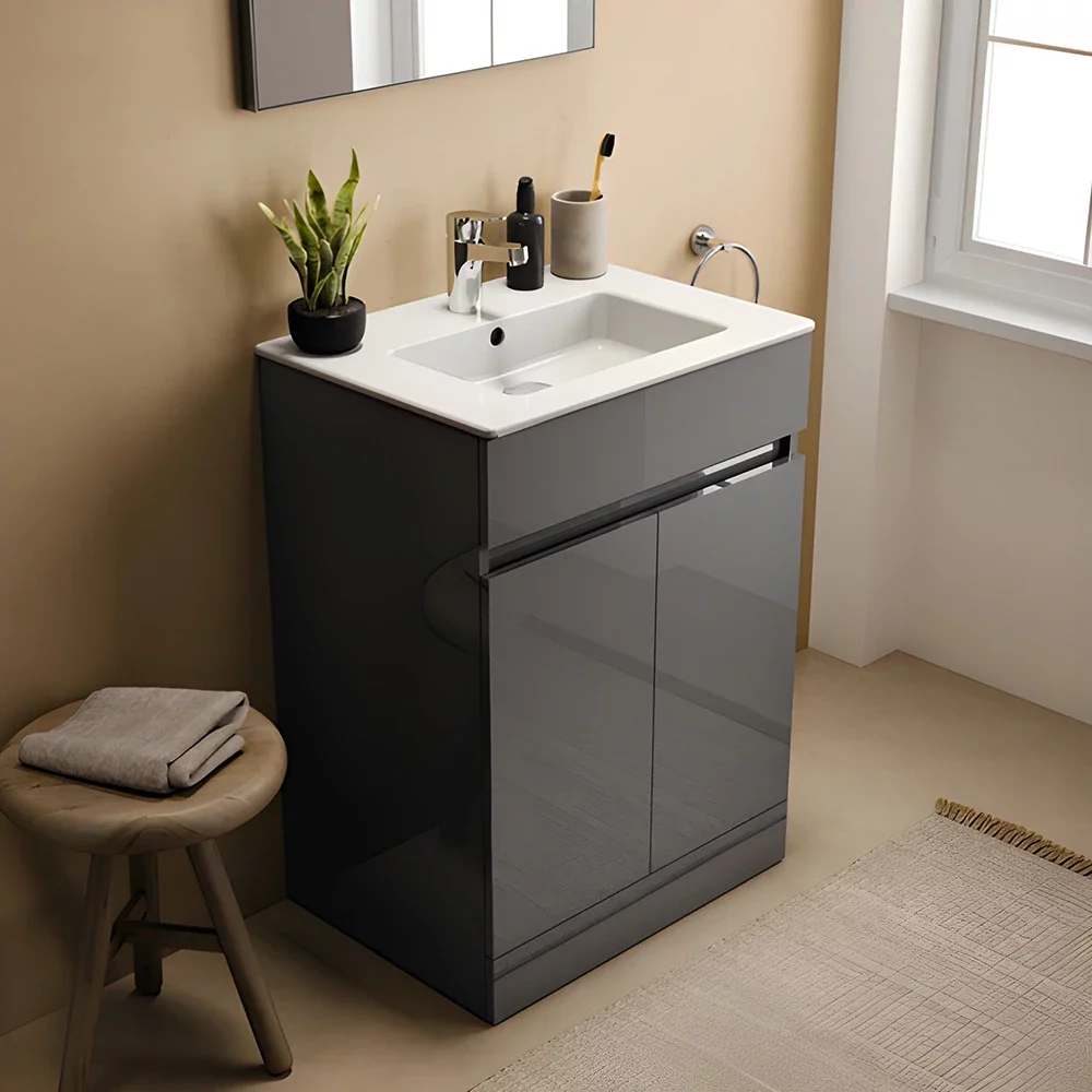 Ideal Standard Eurovit+ 600mm Mid Grey Freestanding 2 Door Unit and Basin