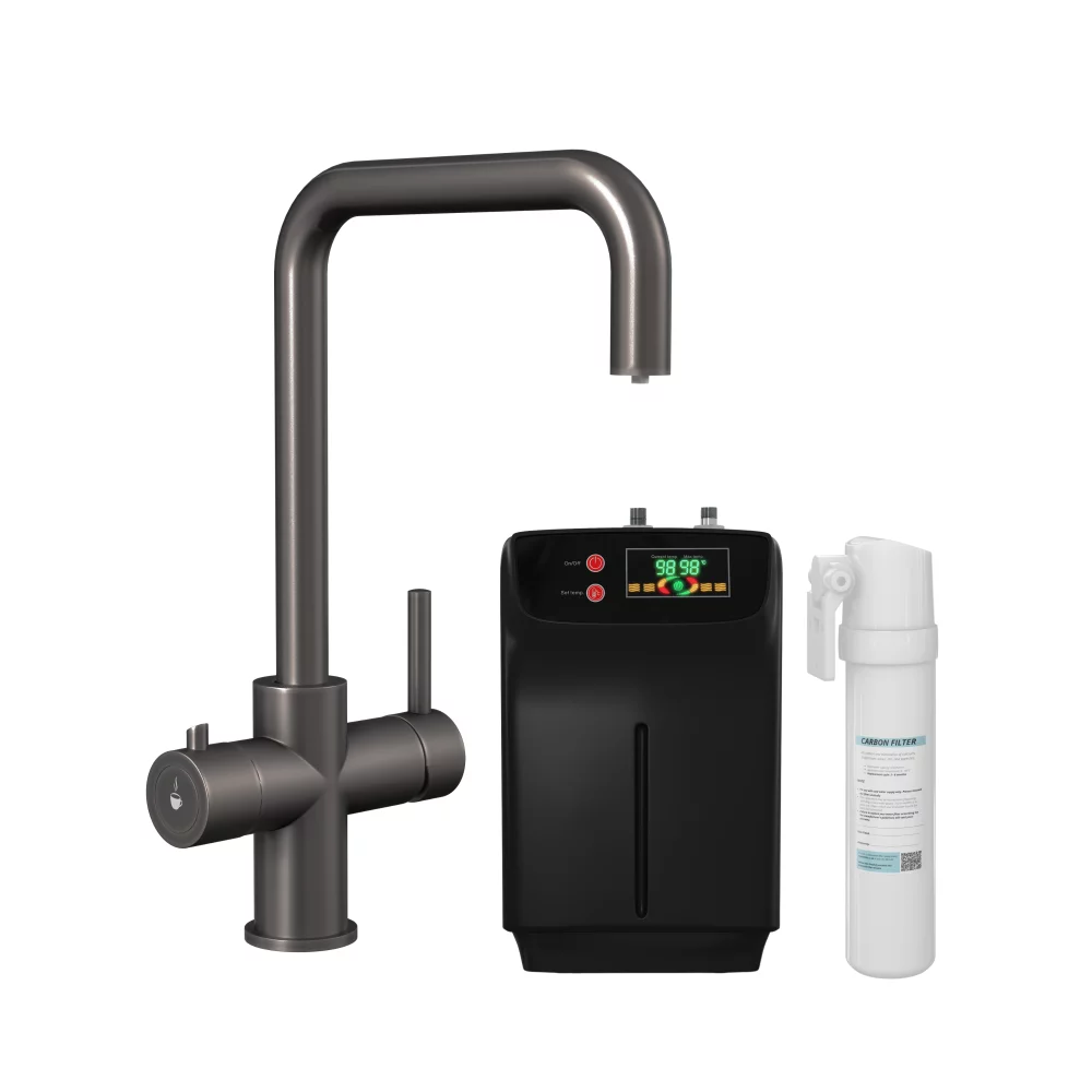 Caliente 3 in 1 Gun Metal Square Spout Boiling Water Tap Inc Filter & Boiler