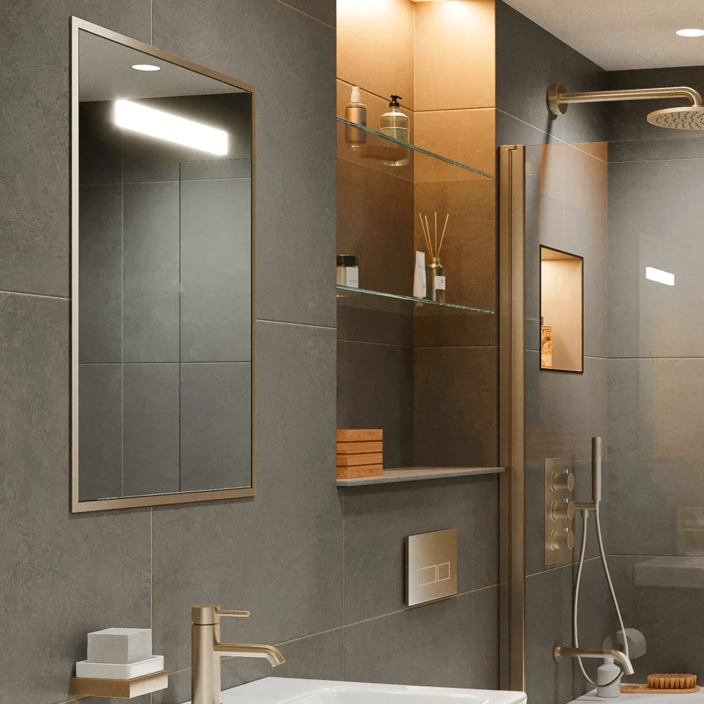 Abacus Recessed Cabinet with Mirror and Shelves - Brushed Brass Surround