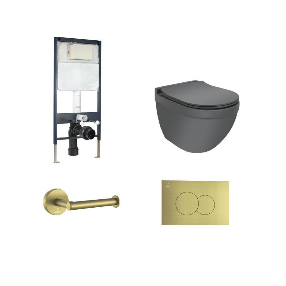 Jaquar Solo Grey Wall Hung Toilet Bundle Matt Brass Fittings